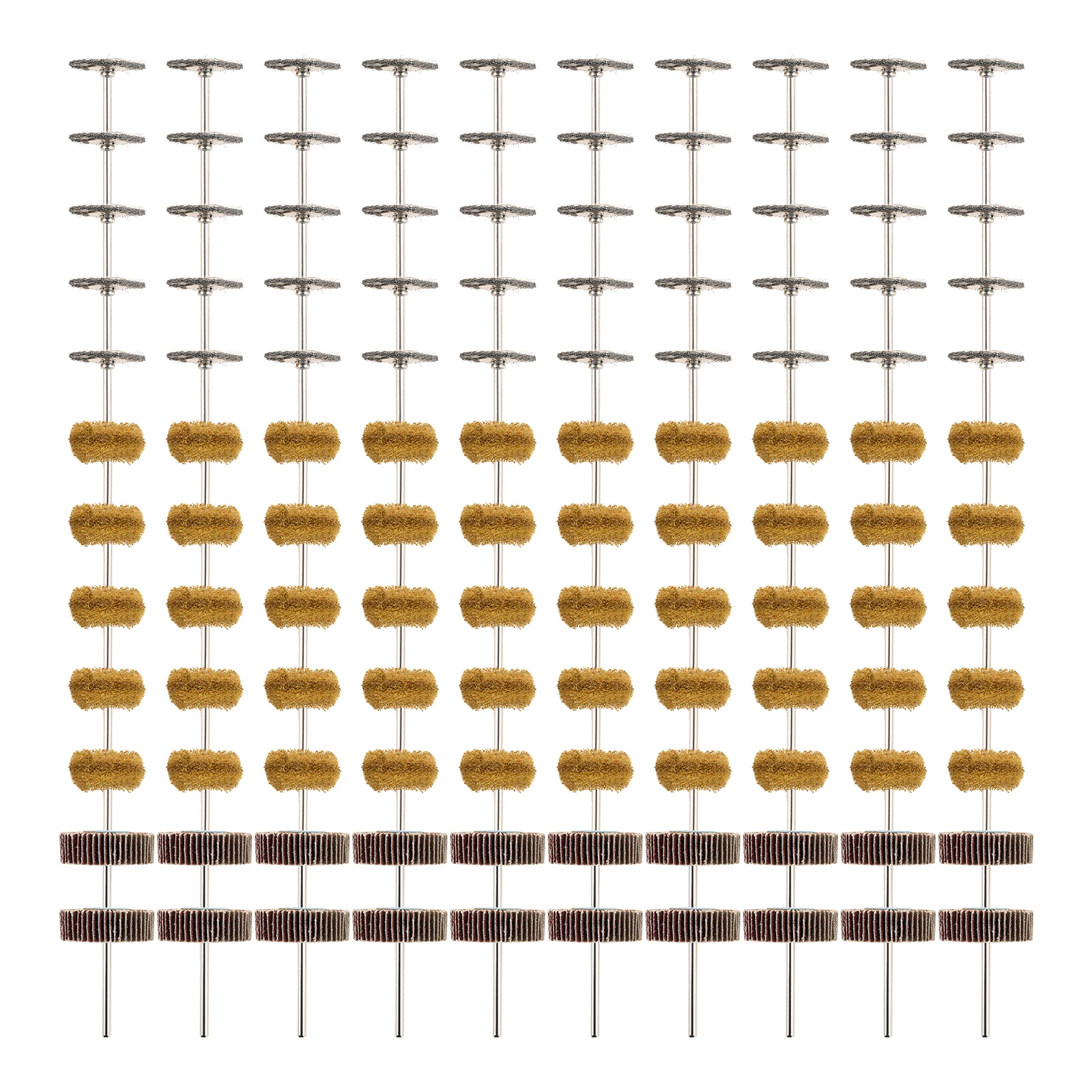 

50 шт. 25-мм проволочных щеток из нержавеющей стали, 50 шт. полировальных кругов коричневого цвета с зернистостью 120 и 20 шт. лепестковых кругов с зернистостью 80