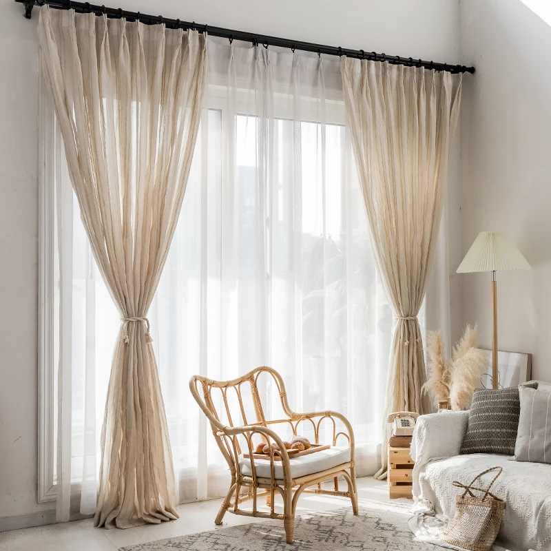 Rural Solid Linen Color Sheer Curtains for Living Room Bedroom Vintage Natural Cotton Flax Gauze Striped Window Drapes Home Deco