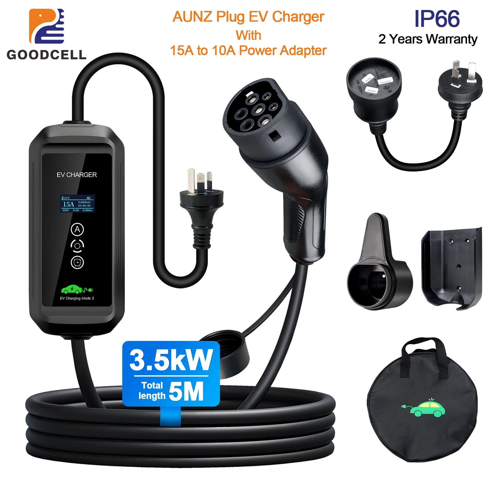 GOODCELL Type1/Type2 شاحن سيارات كهربائية EVSE شحن محمول 6/8/10A/13A/15A قابل للتعديل AU NZ التوصيل استخدام لتوصيل الشحن IP 66