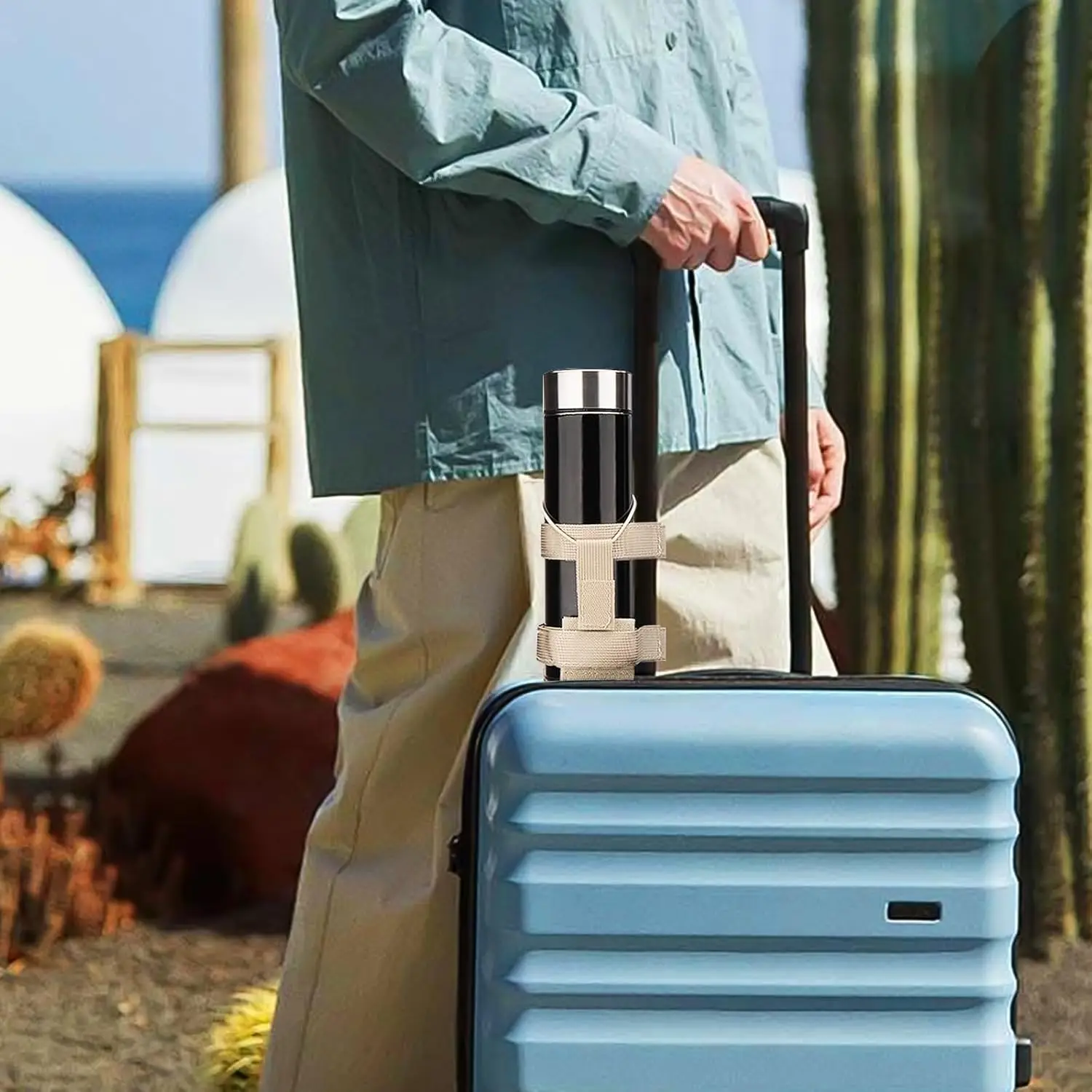 حامل زجاجة مياه للأمتعة - حقيبة زجاجات سفر لحقيبة الظهر، حقيبة خارجية معلقة، حامل مياه بمقبض حقيبة السفر