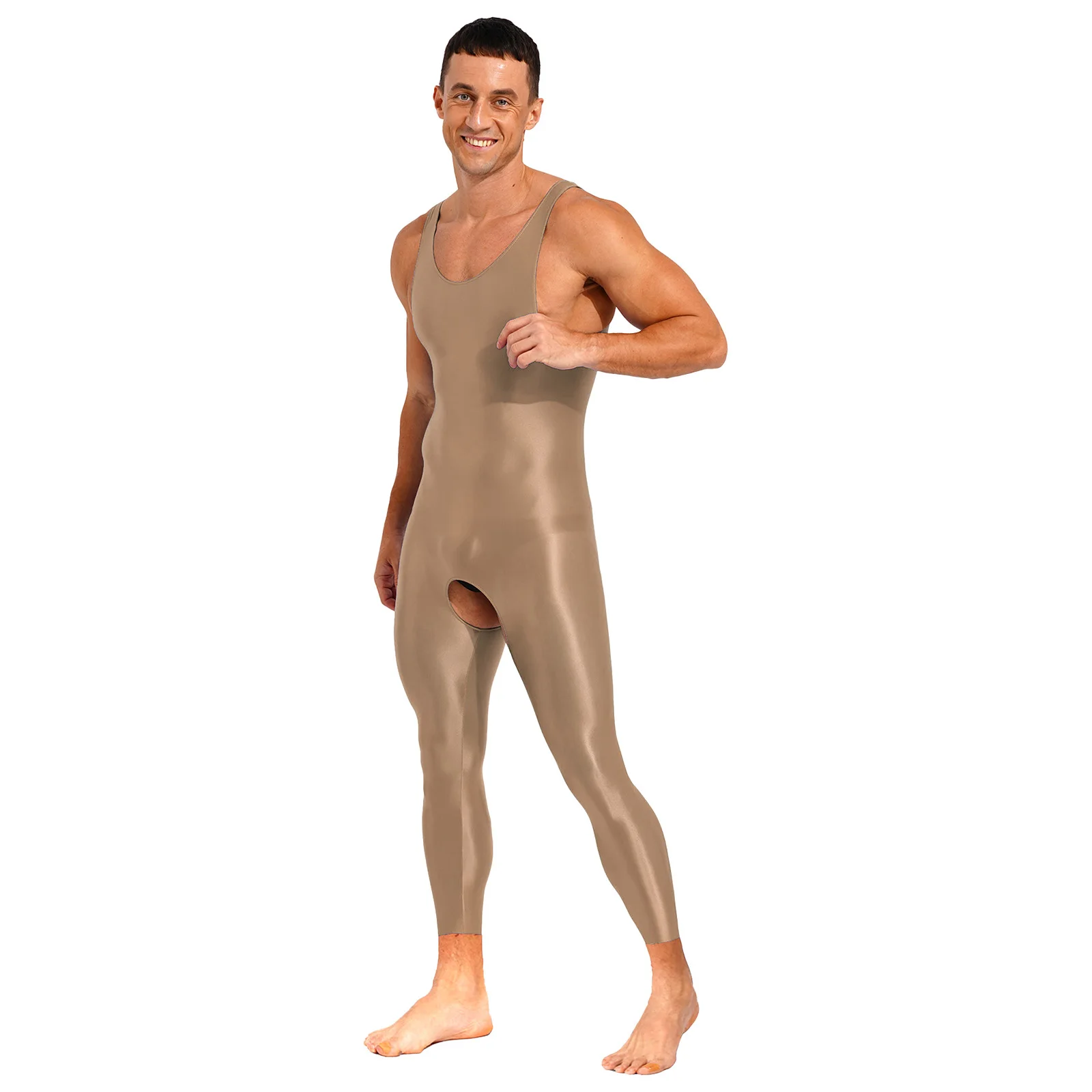 Mens Lingerie Tights Close-fitting Jumpsuits One Piece Glossy Open Crotch Solid Color Stretchy U Neck Sleeveless Bodysuit