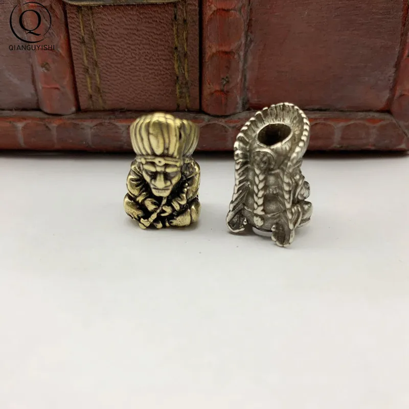 Brass Indian Elders Chief Figurines Umbrella Rope Bead Pendants Keychains DIY Knife Beaded Lanyard Hangings Paracord Accessories