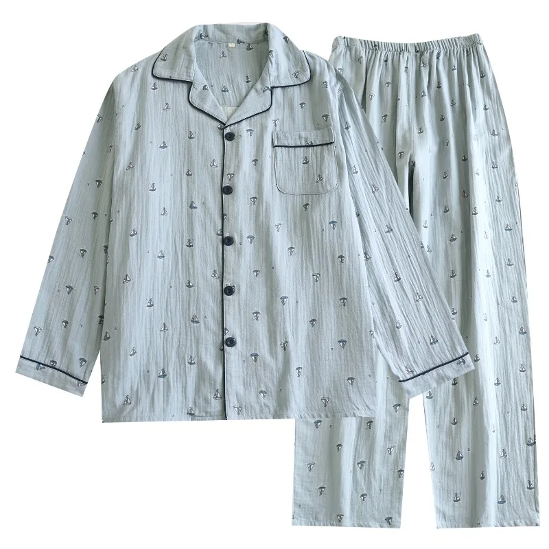 طقم بيجامة رجالي من القطن 100% بأكمام طويلة يسمح بالتهوية ملابس نوم بأزرار سفلية مع ملابس منزلية ناعمة مطبوعة بحري