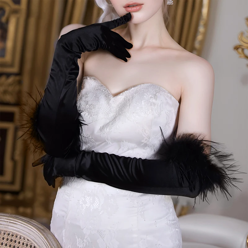 1Pair Silk Satin Gloves Plush Feather Elastic Long Dance Party Gloves Women Halloween Weeding Party Opera Stage Makeup Mittens image 2