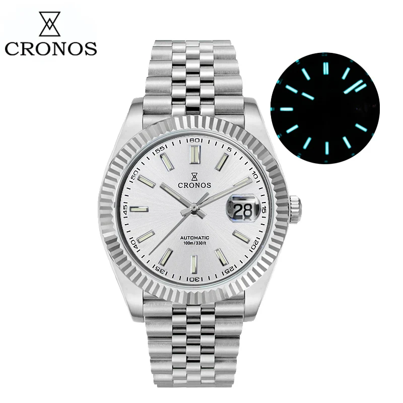 크로노스 데이트J 럭셔리 남성 시계 스테인리스 스틸 5 링크 팔찌 PT5000 미요트 9015 100m 방수 사파이어