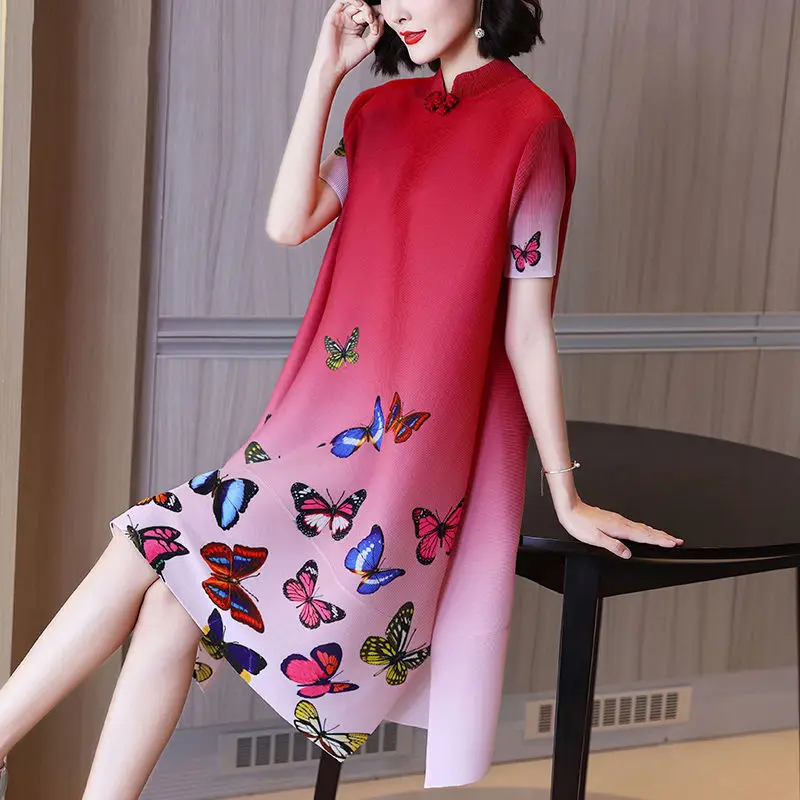 Cheongsam skirt 2023 summer Chinese wind butterfly print loose pleated dress improvement version fashion gradient dress