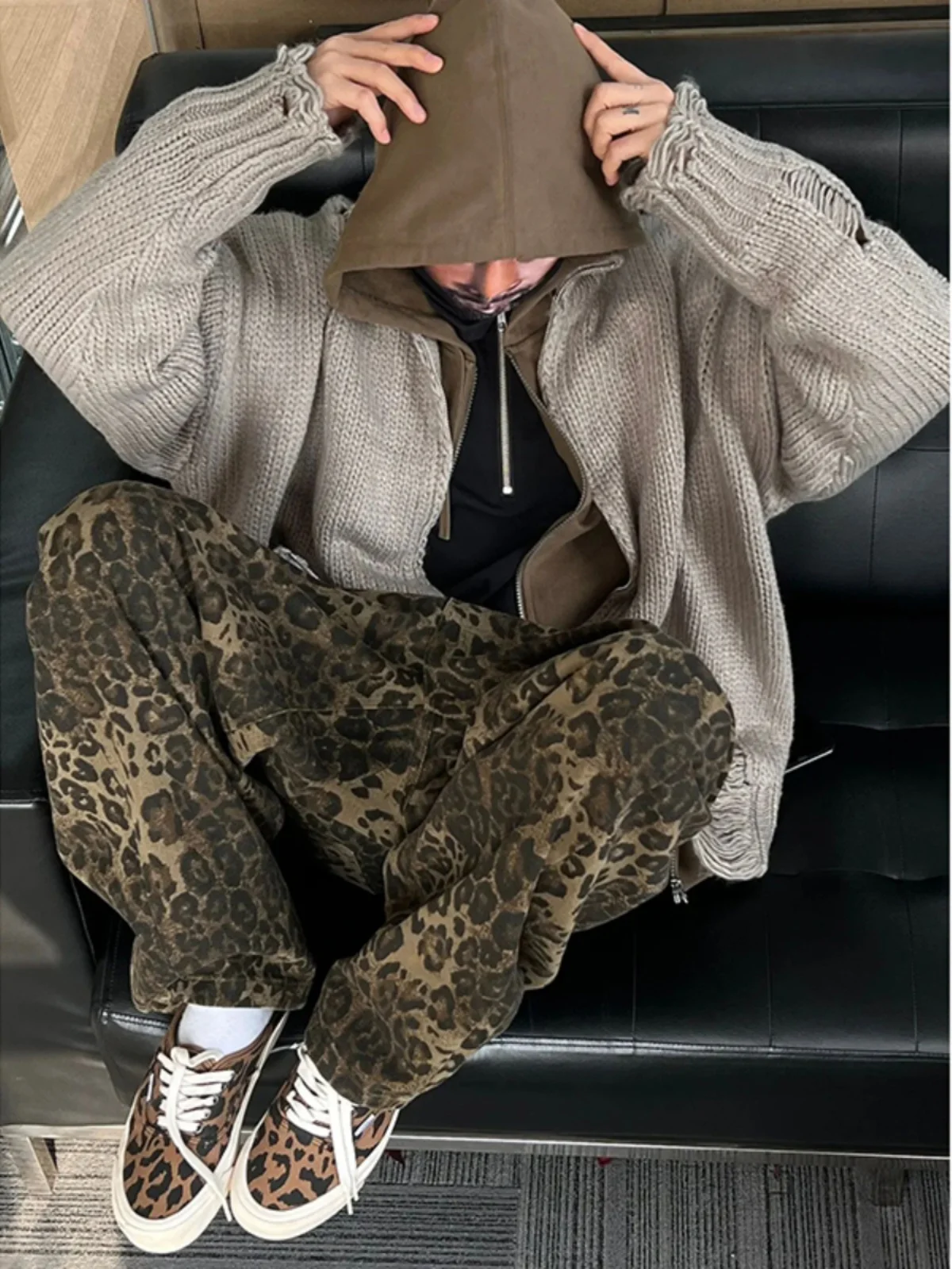 

American Sle Leopard Print Jeans Extended Length Tall Men Trendy Brand Haome Street Sle Pants Autumn Winter Wide Leg S...