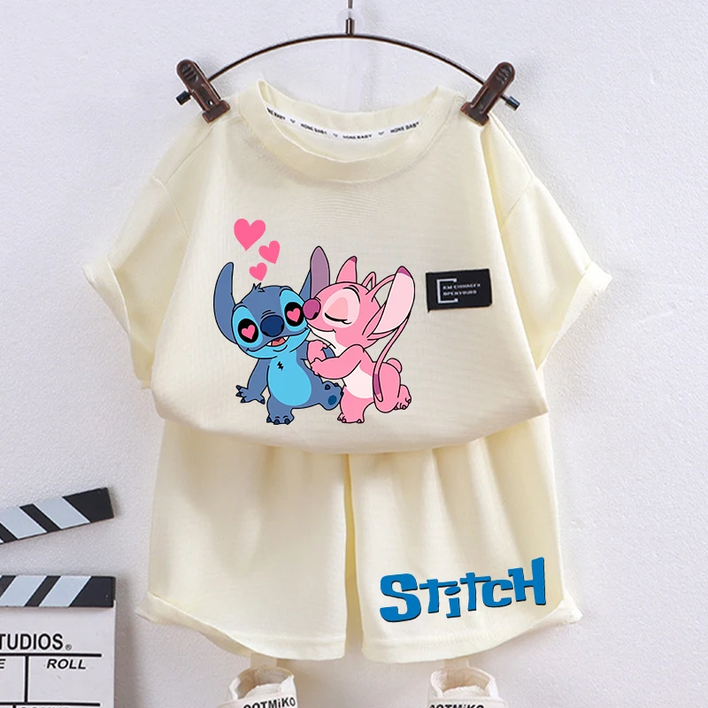 New Cute Lilo Stitch Children T-Shirt Shorts Set Boys Girls Disney Cartoon Printed Short Sleeves Tops Summer 2024 Kids Clothes