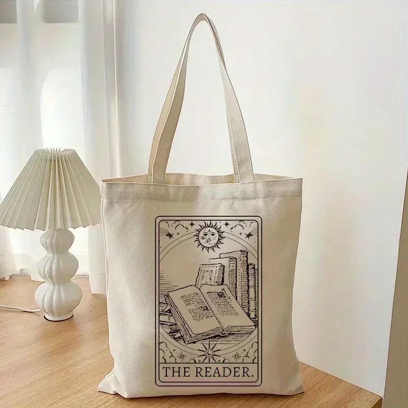 PW1  Vintage The Reader Pattern Canvas Shoulder Bag, Lightweight  Sun  Shopper  Versatile Storage Bag