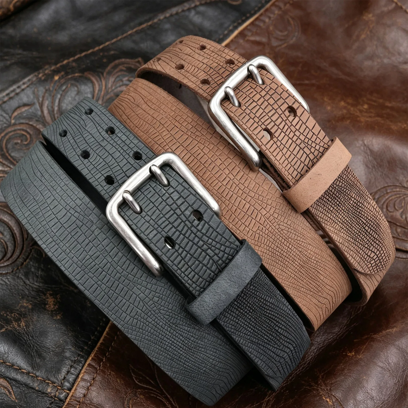 Vintage Lizard Grain Full Grain Leather Belt for Men, Textured Embossed Real Cowhide Belt, Heavy Duty Retro Casual Leather Belt