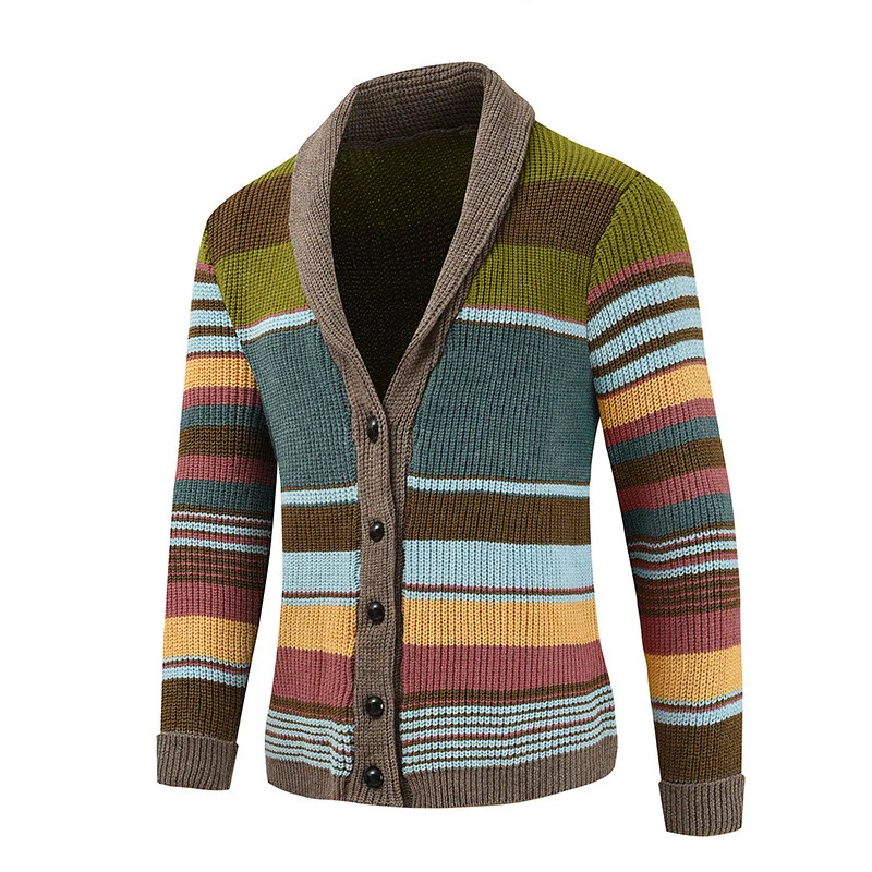 Herren Schalkragen Strickjacke Herbst Winter Farbblock Gestreifter Pullover Vintage Knopfleiste Lässige Lose Oberbekleidung Für M – Detail 20