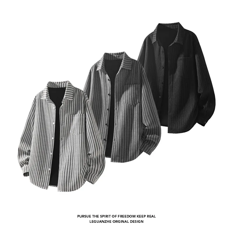 

Autumn 2025 Large Size White Baund Fibone Pattern Long Sve irt Hong Kong Sle M5X 25885 Special P25 Men's Clot...