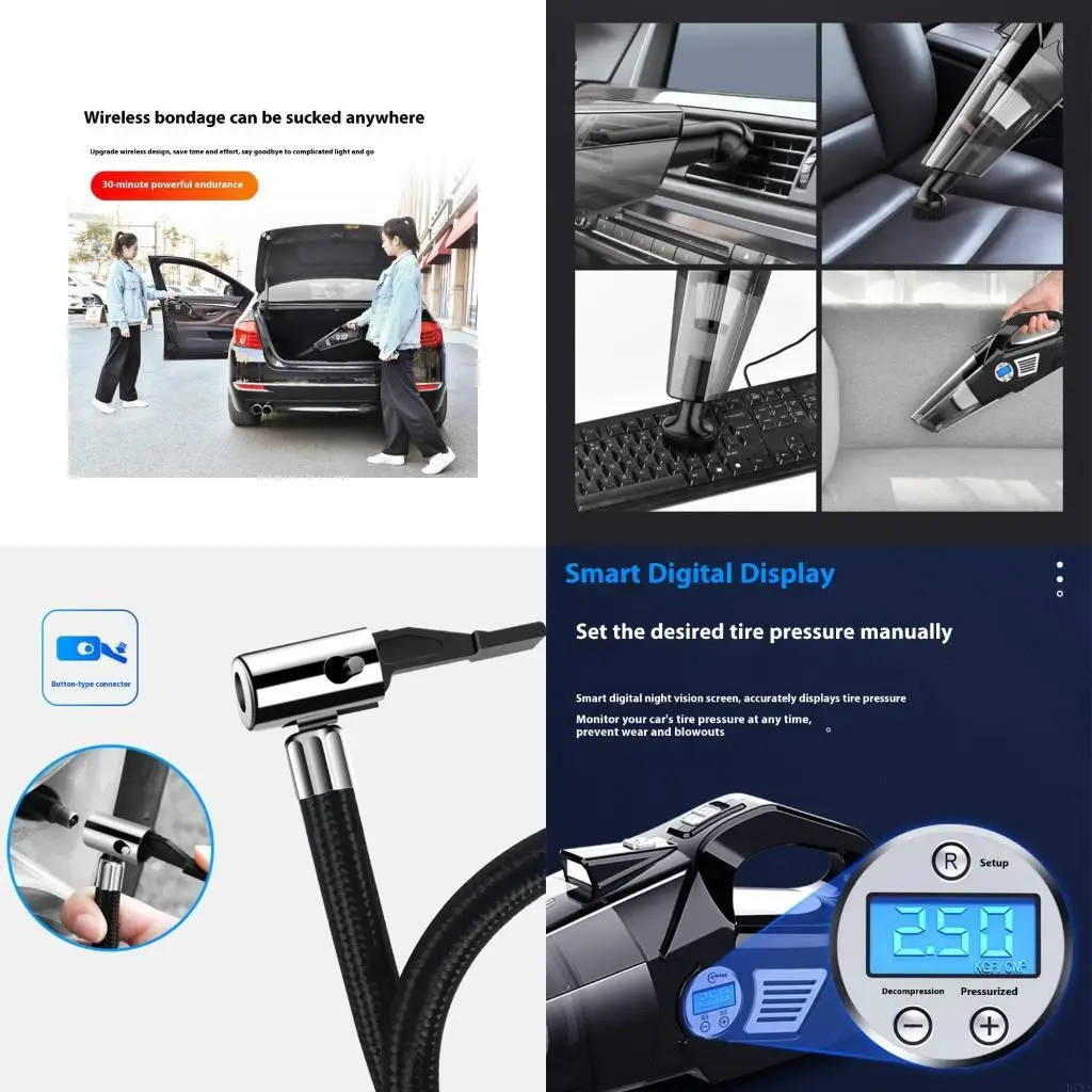 

4 в 1 портативное очиститель автомобилей Car Carum Cleamer с цифровым датчиком давления в шинах D7YA