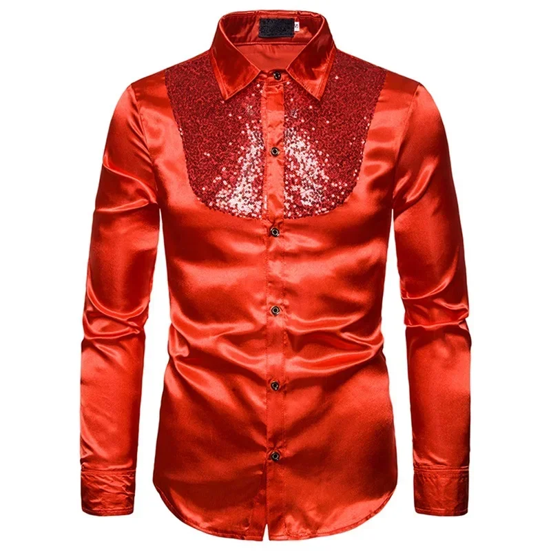 w80 Paillettes Performance Nightclub Host da uomo MC Camicia da uomo a maniche lunghe con risvolto tinta unita Camicie eleganti da uomo