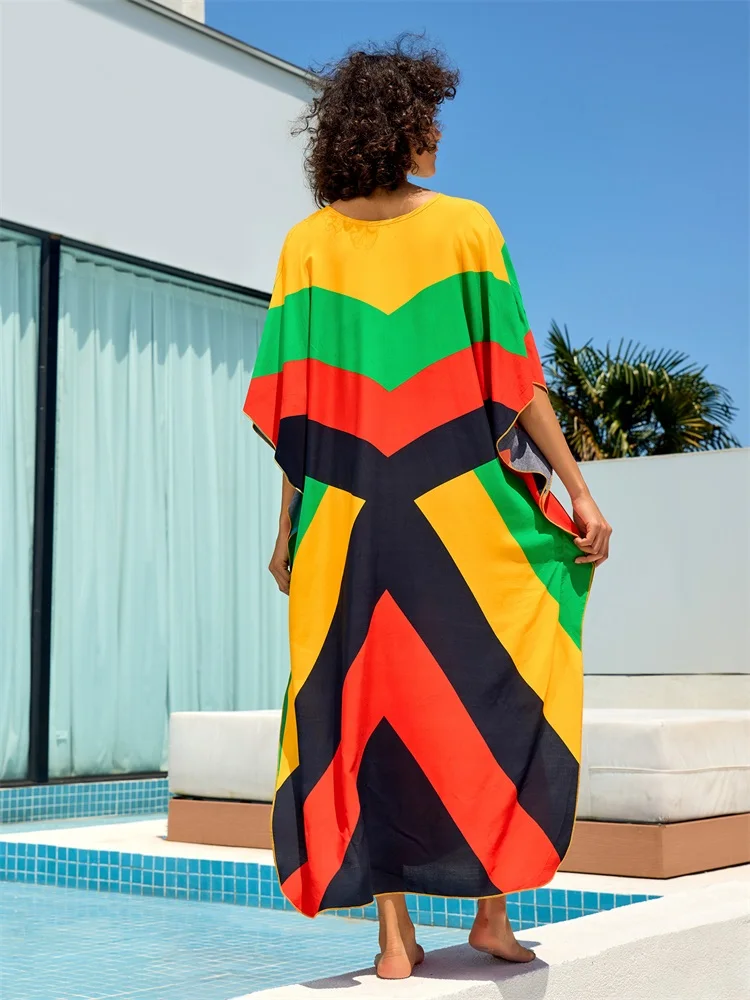 2024 Summer Colorful Patching Sexy V Neck Batwing Sleeve Loose Maxi Dress Women Clothing Bohemian Vacation Beach Cover-ups Q1618