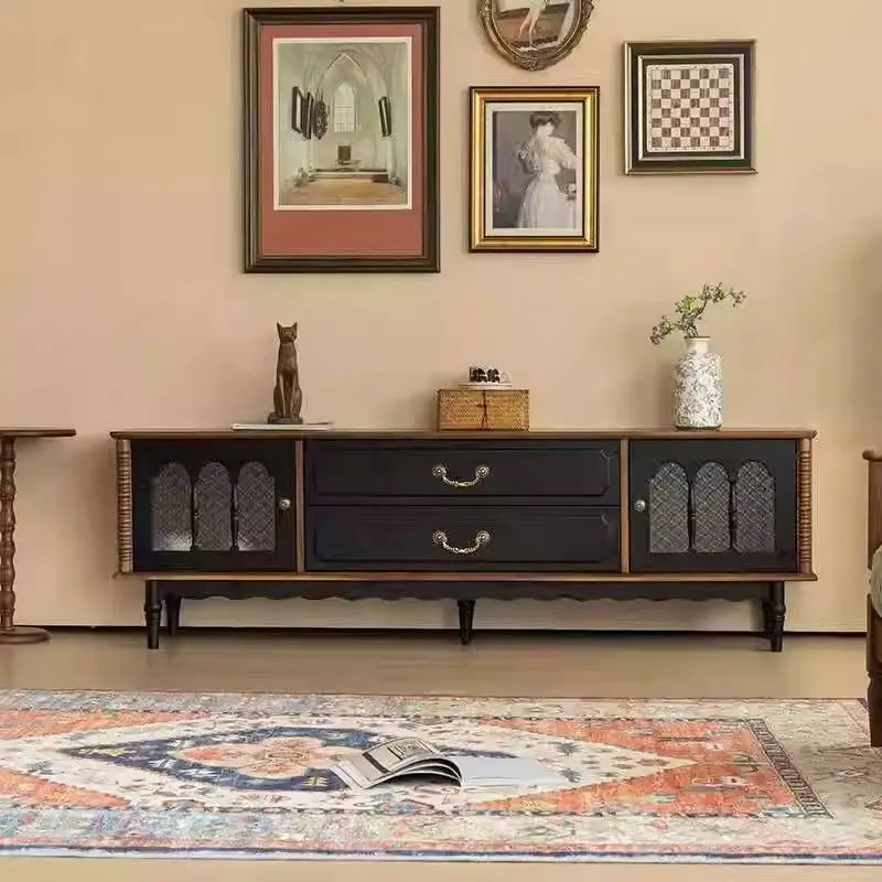 

French retro solid wood coffee table floor-to-ceiling small apartment TV cabinet living room American locker storage antique
