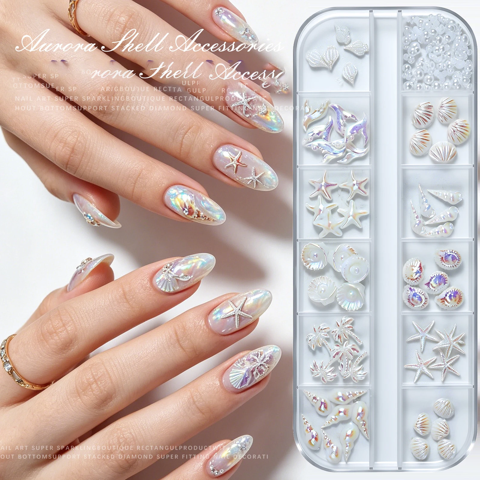 YunMoonai 12 Grid Starfish Shell DIY Nails Decoration Material Fashionable Unique Personalized Fake Nail Supplies Accessories