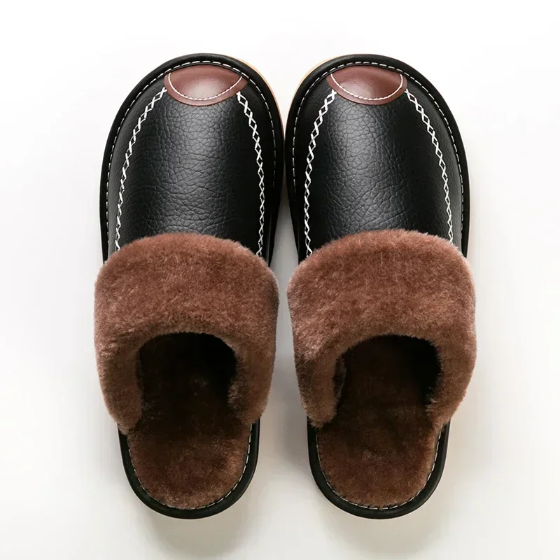Chinelos de couro impermeáveis para homens, sapatos de algodão masculino, veludo grosso mais, interior, quente, casa, casa, quarto, inverno