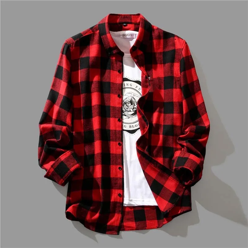 Men\'s Korean Fashion Black White Plaid Shirt Loose Long-sleeved Casual Handsome Tops Shirts And Blouses