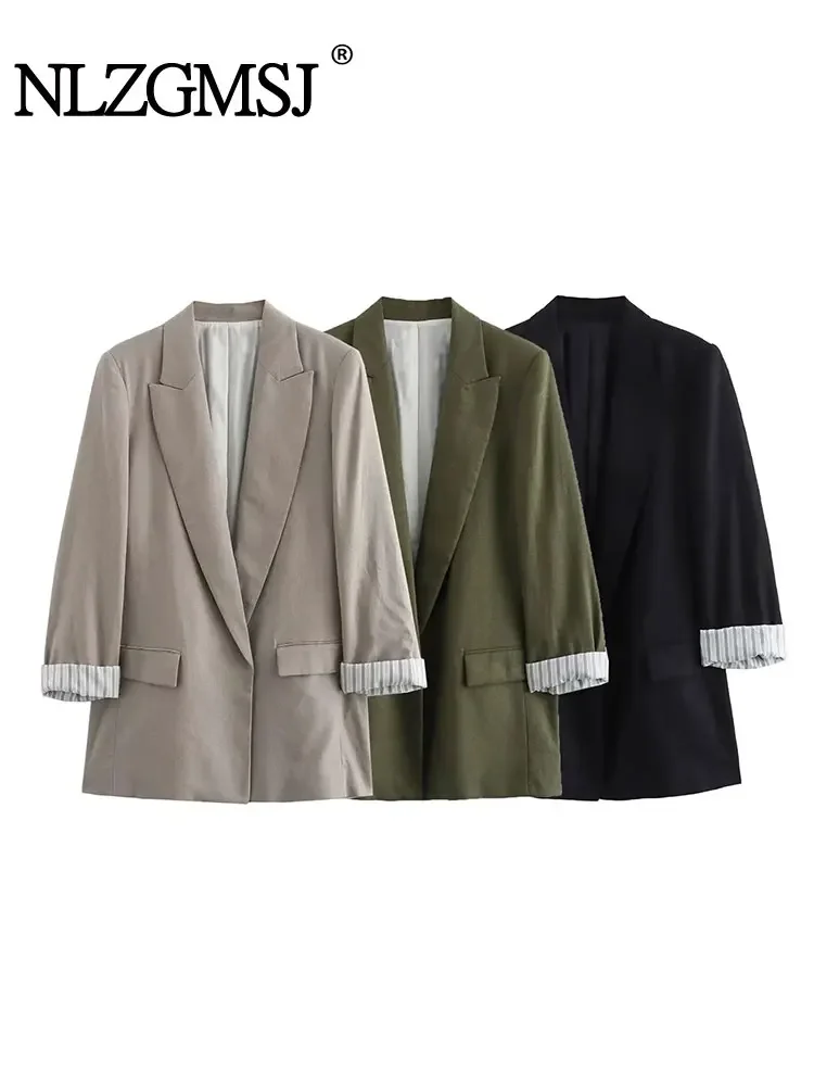 

Nlzgmsj TRAF Women Fashion Cuff Linen Open Blazer Coat Vintage Long Sleeve Pockets Female Outerwear Chic Tops