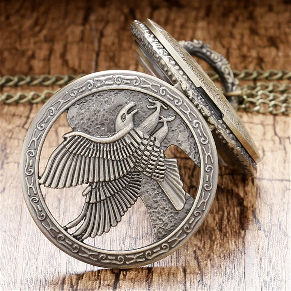 Vintage Bronze Skeleton Eagle Animal Quartz Pocket Watch with Necklace Chain Leisure Pendant Gift Male Men Kids collect Clock