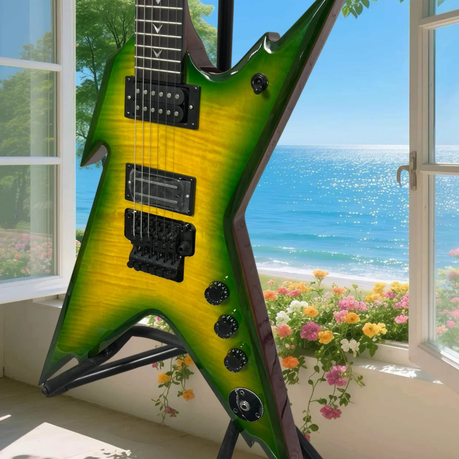 

Редкая электрогитара Green Burst Flame V, вдохновленная DD, с двойными хамбакерами и фиксирующим тремоло Floyd Rose, идеально подходит для металла и хард-рока.