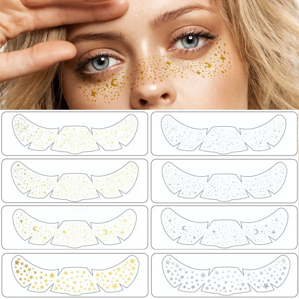 6pcs Glitter Freckle Facial Tattoo Patch Waterproof Gold Silver Fake Freckle for Women Face Makeup Festival Party Body Art