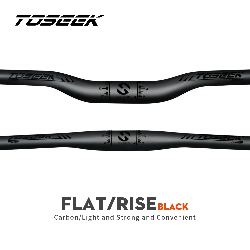 TOSEEK 탄소 섬유 자전거 MTB 핸들바, 산악 자전거 라이저, 플랫 핸들바, 스템 31.8mm, 무광 블랙, 광택 로고 