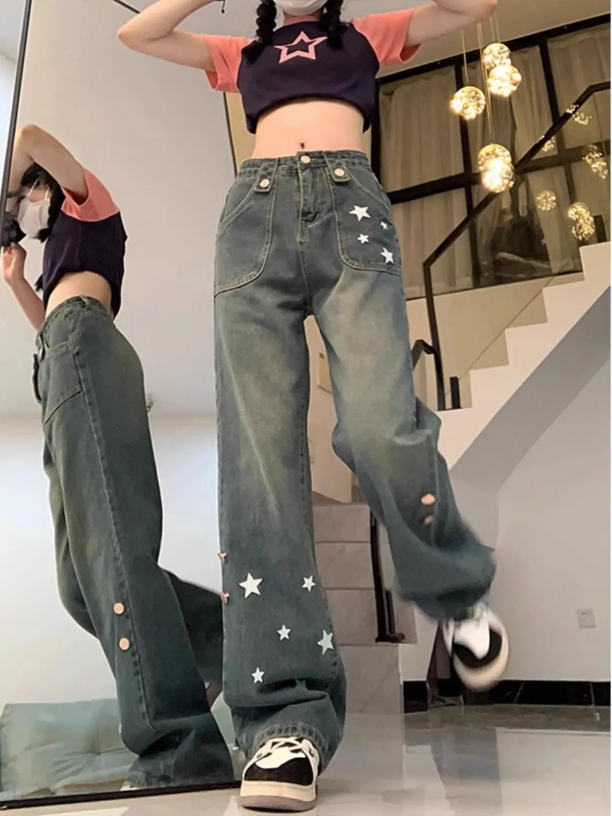 WCFCX STUDIO Vintage Stars Printed Cargo Jeans Women Harajuku Streetwear High Waist Baggy Trousers Y2K Wide Leg Denim Pants