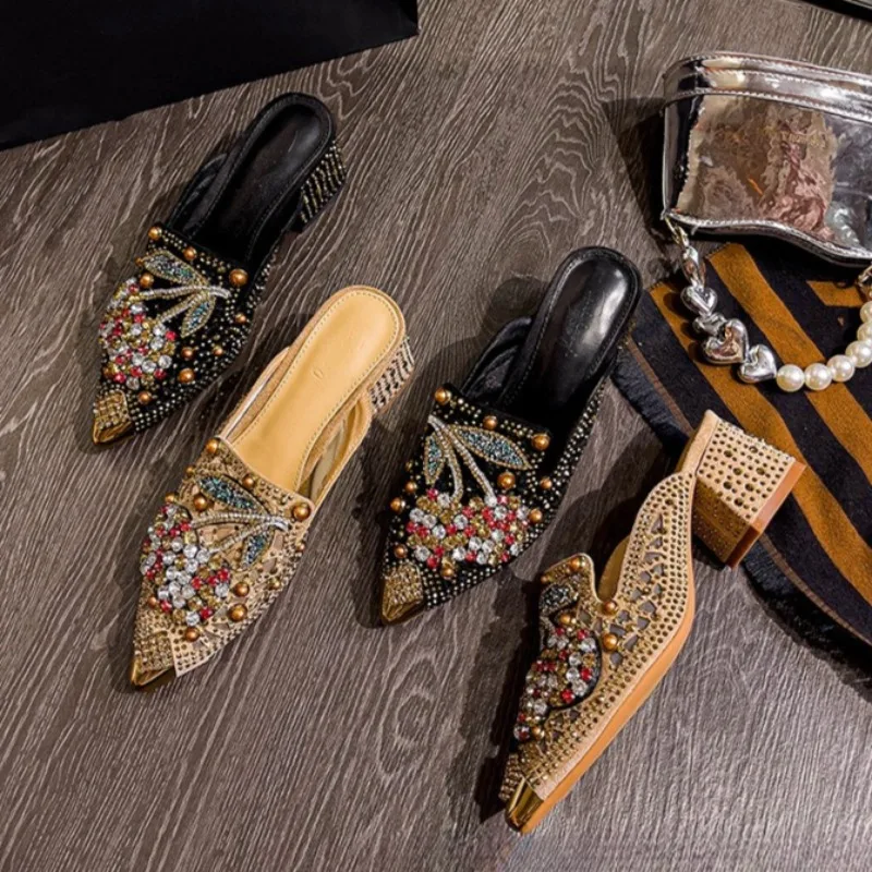 

High Quality Rhinestone Cherry Pointed Tip Women's Half Slippers Mesh Baotou Thick Heel Slippers Elegant Temperament Women Shoes