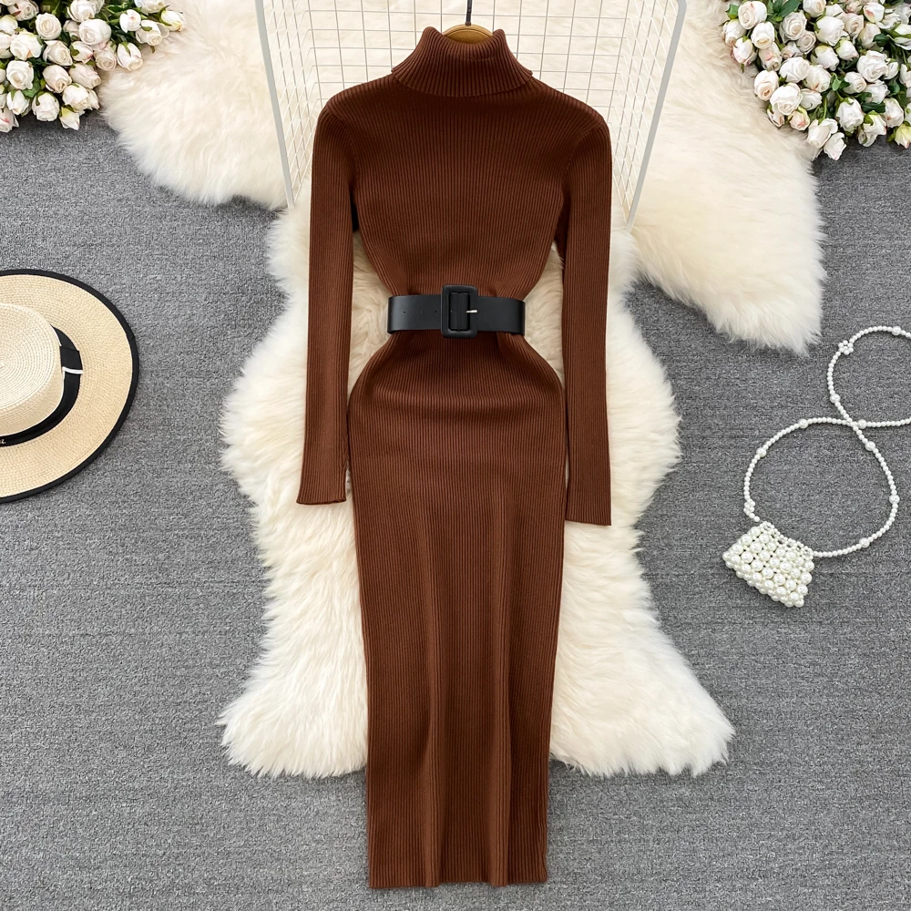 REALEFT Autumn Winter 2024 New Turtleneck Women\'s Knitted Dresses with Belted Long Sleeve Elegant Bodycon Wrap Dress Female