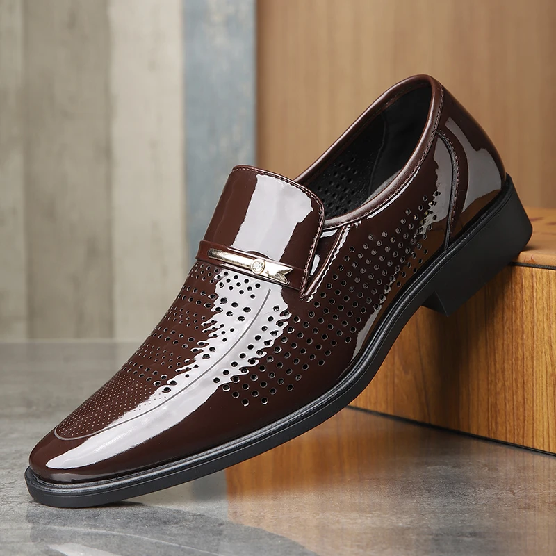 

Men's Summer Breathable Leather Shoes Business Formal Hollow Soft Bottom Slip-On Derby Shoes-2119-1
