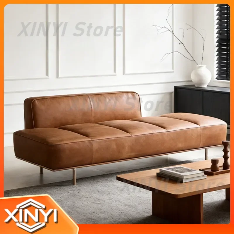 Retro Oil Wax Leather Sofa for Home Living Room Straight Row Multi-Person Sofa for Hotel Homestay Guest Sofa Chair