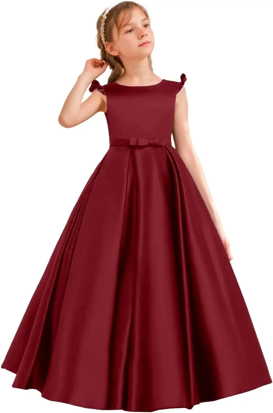 Satin Flower Girl Dress， Round Neck Princess Birthday Party Ball Dress, Girl Sleeveless Formal Evening Communion Dress, with Bow