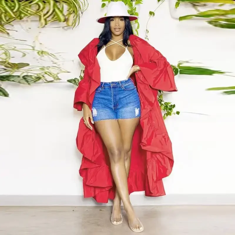 

Women Solid Open Stitch Trench Coats Ruffles Long Cardigan Turn Down Collar Flare Full Sleeve Casual Streetwear Maxi Jackets