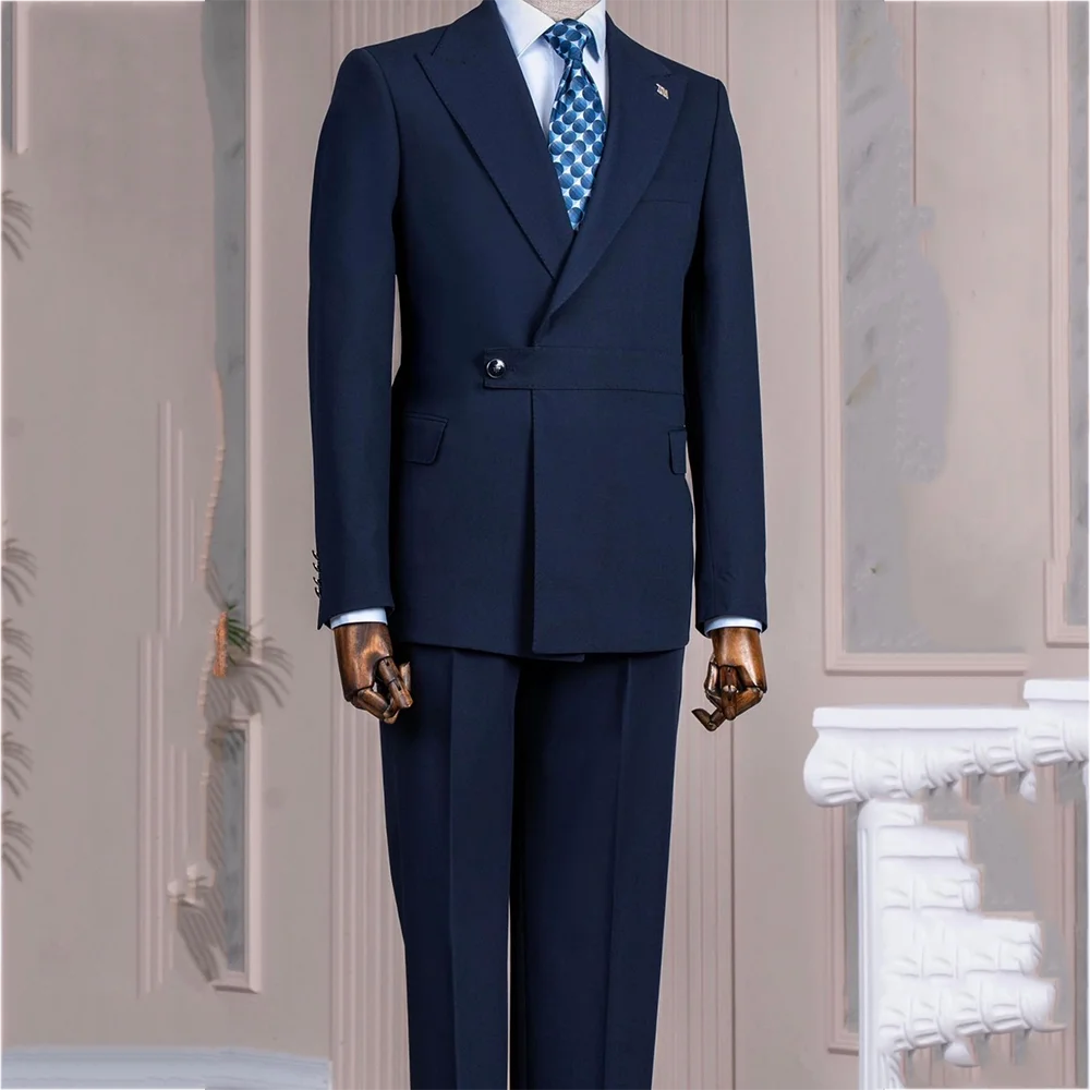 

Темно-синие мужские костюмы с остроконечными лацканами, приталенные высококачественные деловые костюмы на одной пуговице, комплект из двух предметов, деловой повседневный мужской комплект