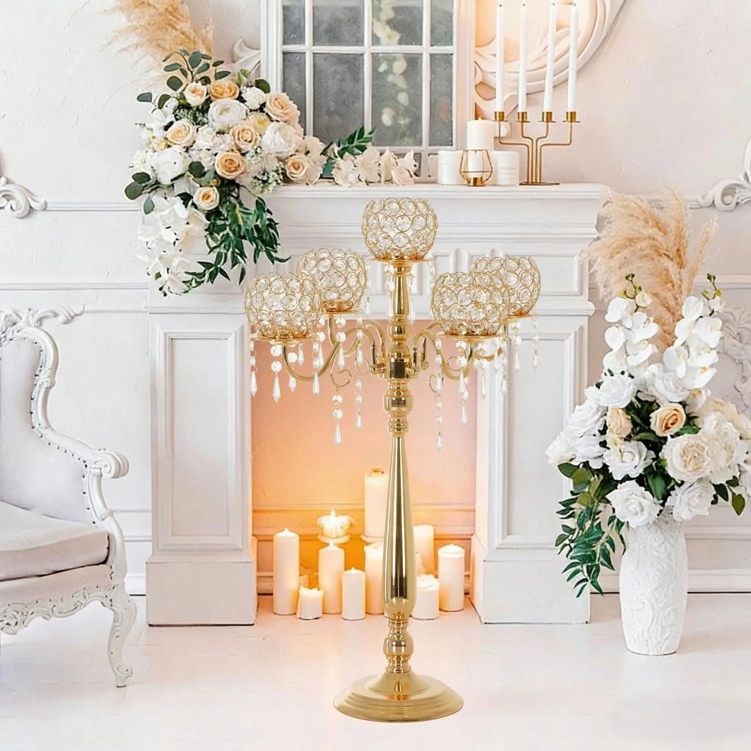 Candle Holder Beaded Chandelier Wedding Centerpiece Anniversary Party Palace  Gold Floor Candelabra  5-Arm Set of 4 Crystal