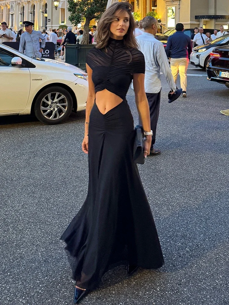 

Hollow Out Short Sleeve Sexy Maxi Dress Women Fashion O Neck Ruched High Waist Bodycon Club Party Long Dress Female