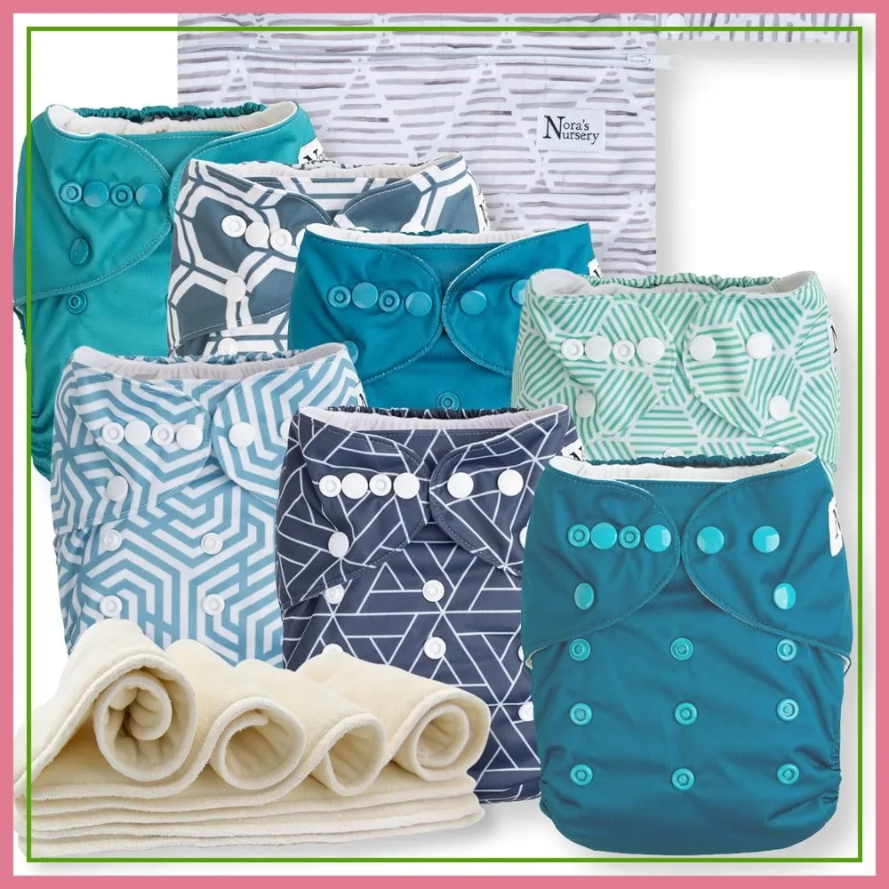 

7 Pack Cloth Diapers with 7 Inserts & 1 Wet Bag - Waterproof, Washable, Reusable, One Size Adjustable Pocket Diapers for Newborns & Toddlers