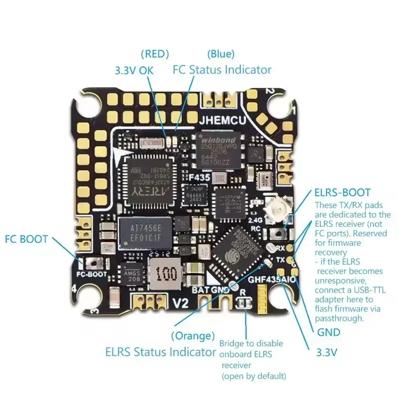 JHEMCU GHF435AIO V2 F4 20A AIO FC ELRS 2.4G BMP280 AT7456E BLHeli_S Betaflight USB-C 2-4S für FPV Freestyle Racing Drohne – Detail 2