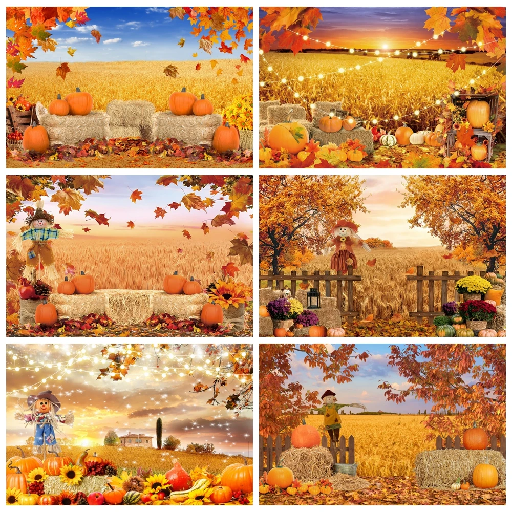 

Autumn Backdrop Fall Wheat Field Farm Maple Leave Pumpkin Thanksgiving Harvest Baby Portrait Photography Background Photo Studio