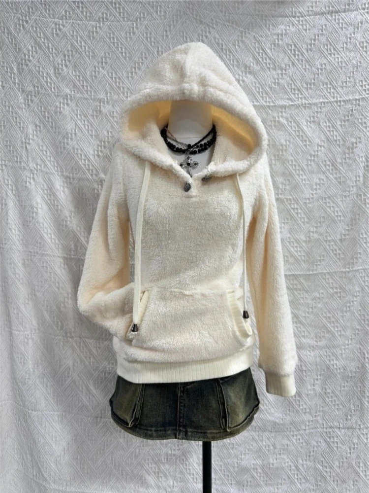 2000s French Elegant Solid Hooded Sweatshirt Y2k Harajuku Vintage Autumn Winter New Warm Sweaters American Streetwear Hoodies