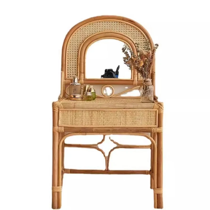 

Nordic ins vintage pure handmade rattan with mirror children's dresser Indonesian real rattan braided tape cabinet shelf