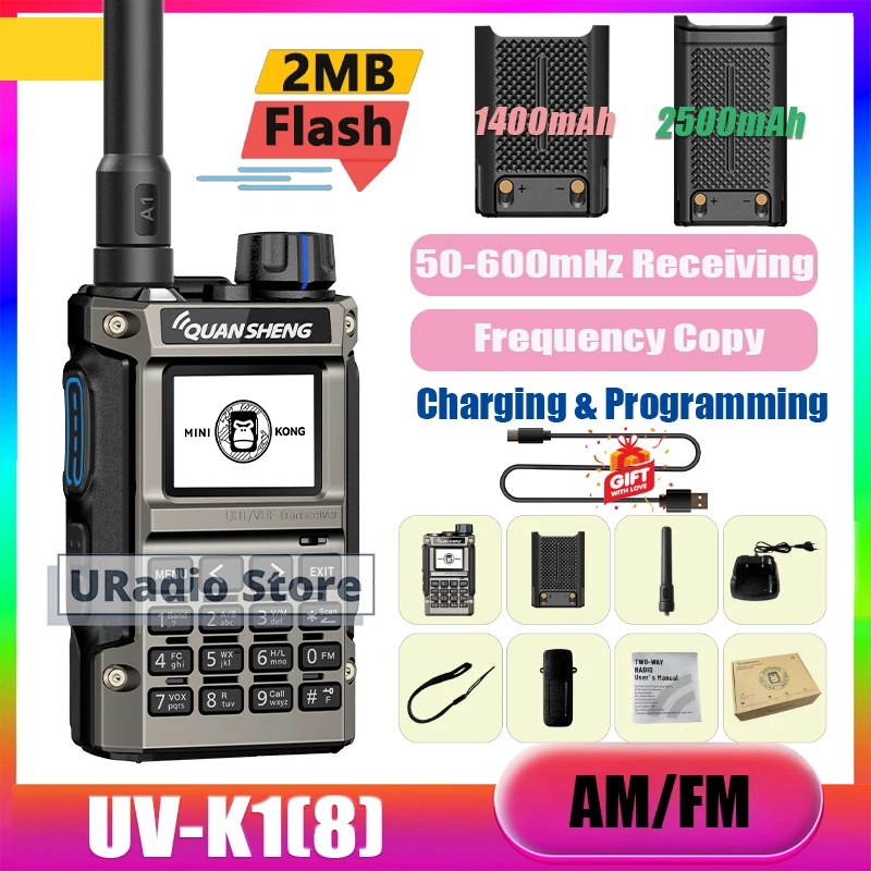 Quansheng UV-K1(8) Walkie Talkie Mini Kong 2MB Flash USB-C Charging and Programming AM DIY Power On Photo 1400/2500mAh Scrambler