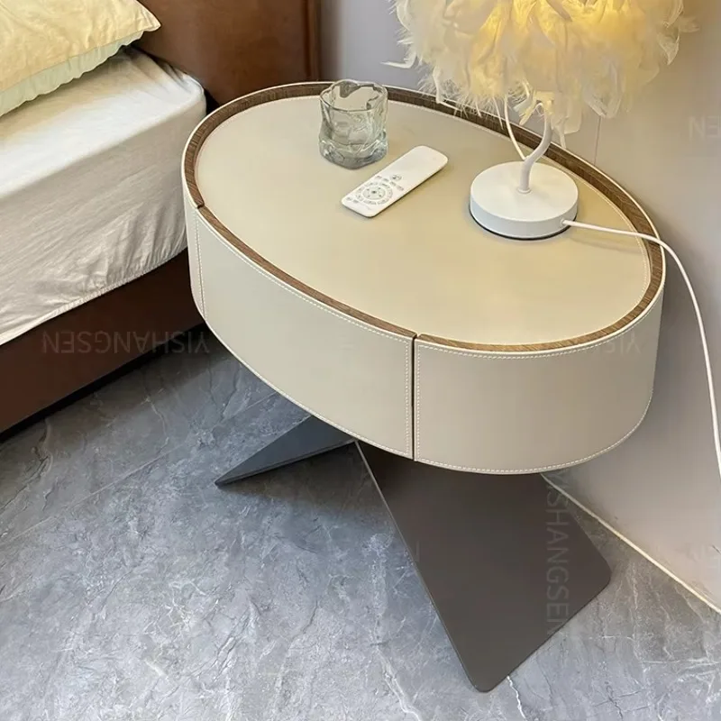 Italian Minimalist Saddle Leather Oval Storage Nightstand Bedroom Creative Designer Stainless Steel Bedside Table