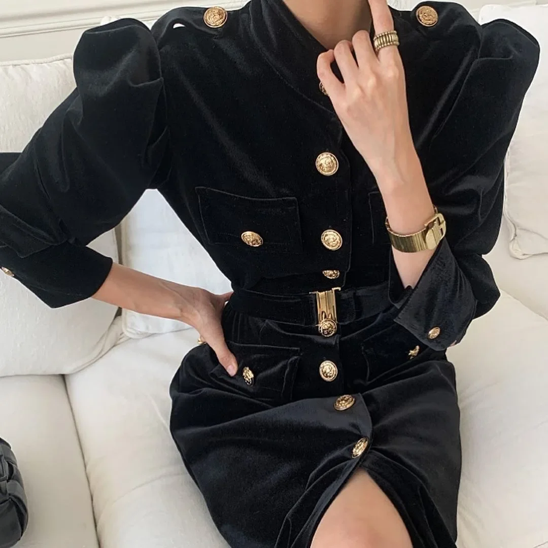 NMZM Korean retro velvet dress with waistband, long sleeves, single breasted stand up collar, women's split casual black dress