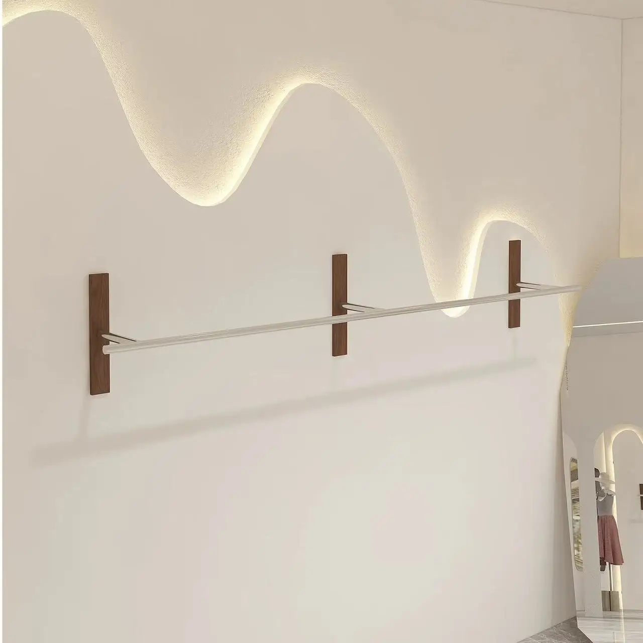 

bn-High Quality Clothing Store Wall Mounted Display Rack Stainless Steel Wood Grain Color Clothes Hanger Shelf&