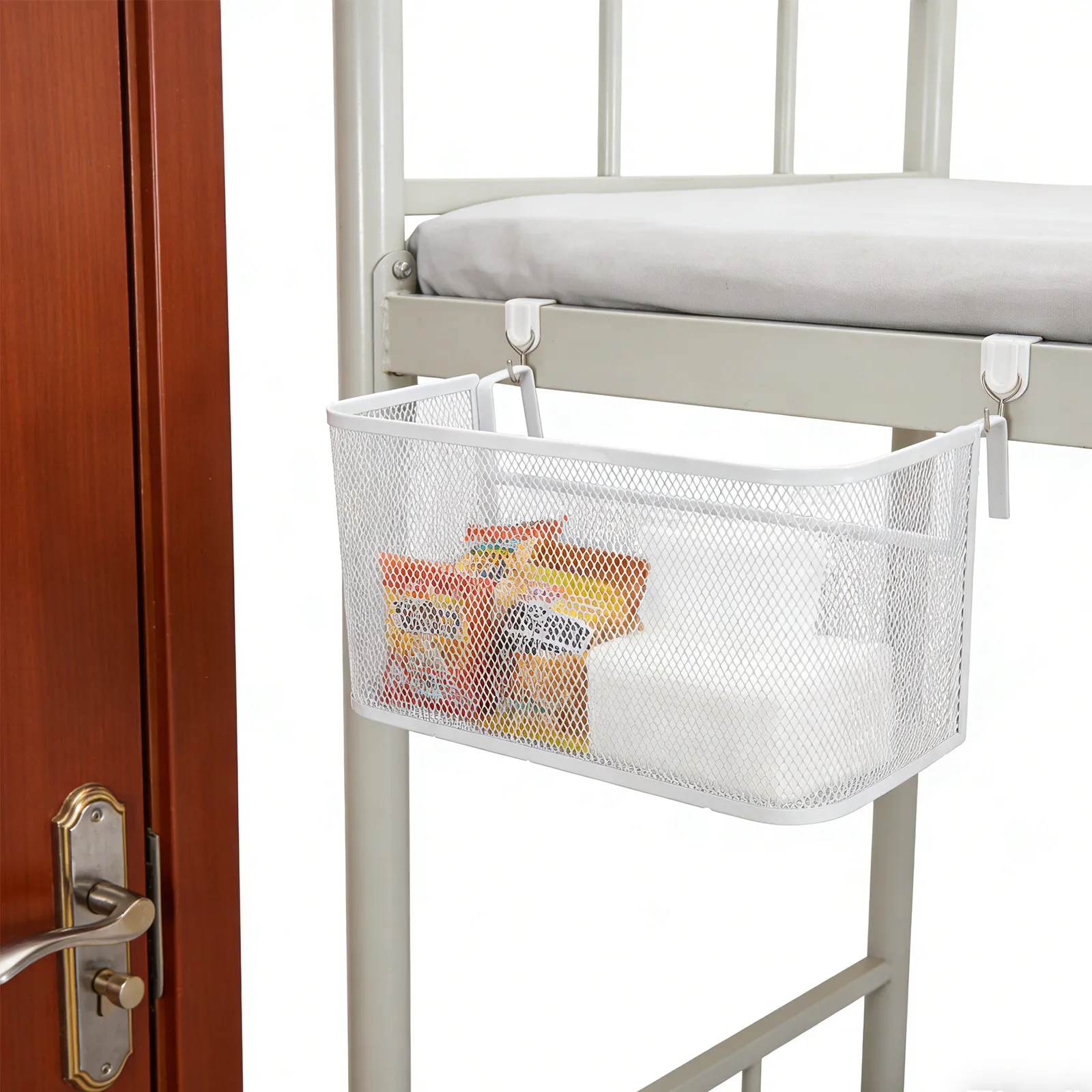 

Bedside Caddy Hanging Wire Basket Remote Control Holder Organizer Caddy Storage Pocket Shelf For Cup Beside（White/Black）