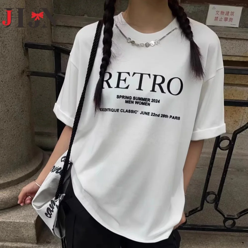 Letter Print Short Sleeve Round Neck Letter Necklace Chain T-Shirt Tops New Y2k Clothes 2024 Summer Hot Selling Women'S Clothing