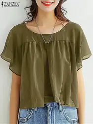 ZANZEA Summer Women Chiffon Blouse Vintage  PleatedShort Sleeve Shirt 2024 Fashion Thin Round Neck Blusa Casual Loose Solid Tops